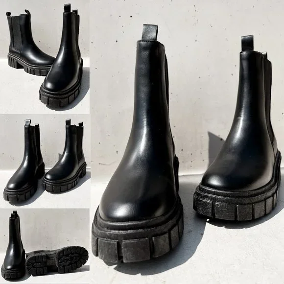 NEW Black Lug Sole Chunky Platform Elastic Ankle Block Heel Chelsea Boot Booties - Picture 10 of 12